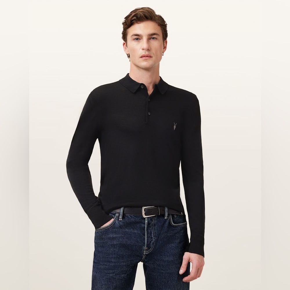 AllSaints Mode Merino Long Sleeve Polo Shirt Slim Fit Medium 100% Merino Wool